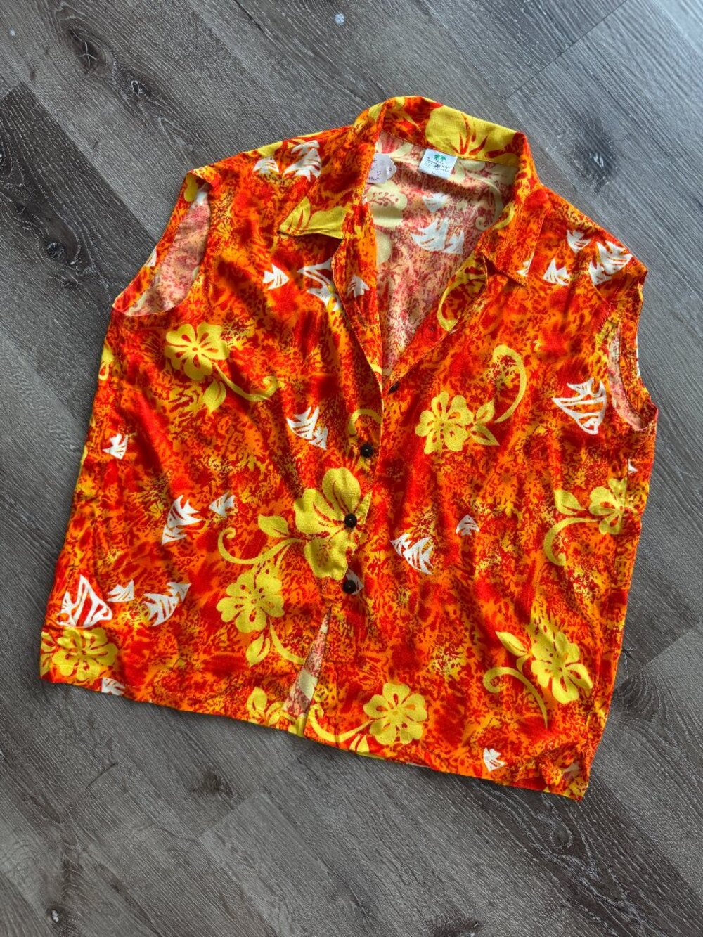 Vintage 90s Hawaiian Sleeveless Shirt | Orange Yellow Tropical Floral Camp Top